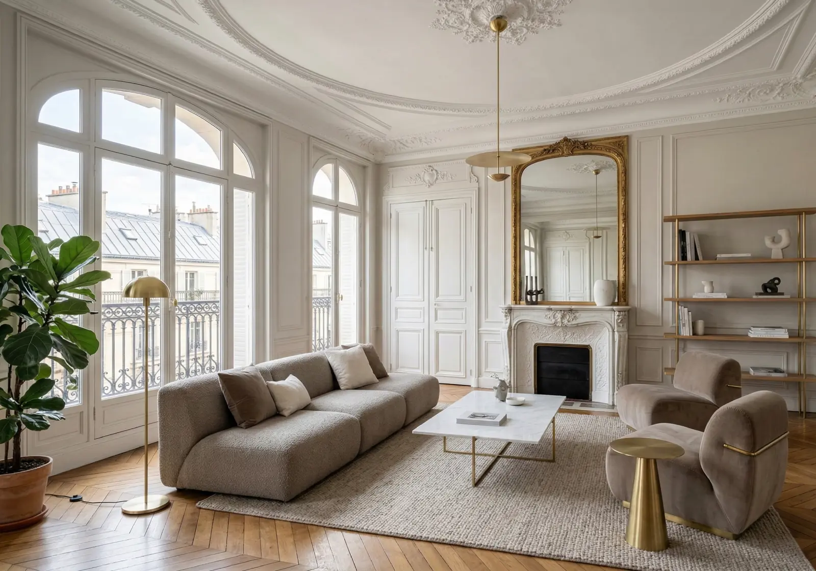 Rénovation complète d'un appartement haussmannien Paris 8e — séjour épuré aux moulures conservées